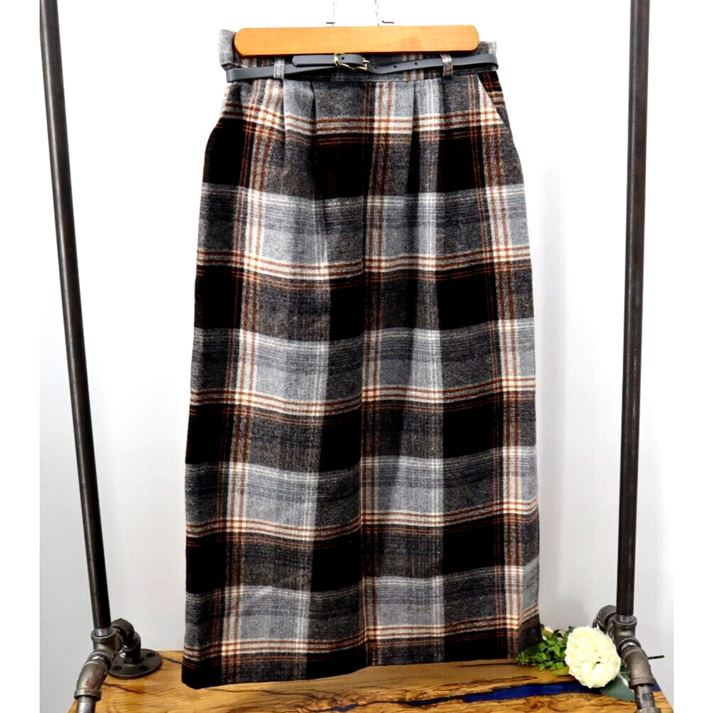 Vintage MCM USA Union Made Wool Blend Plaid Mid Length Pencil Skirt Belted 7 / 8